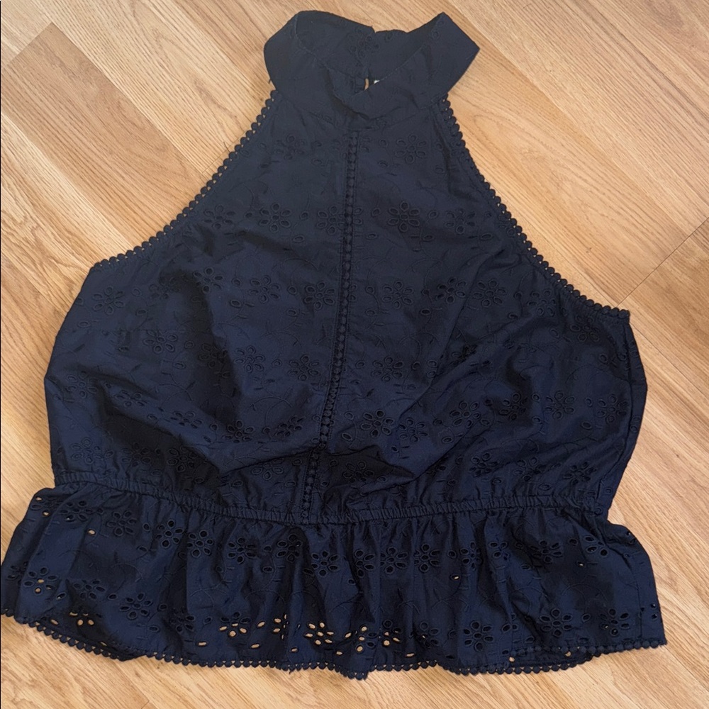 Women's Black Eyelet Halter Peplum Tank Top - Sleeveless